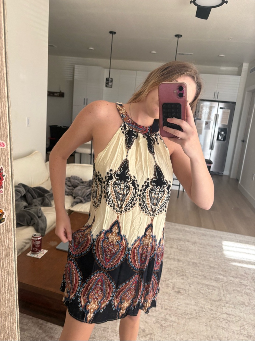 Boho Halter Mini Dress in Cream & Black
